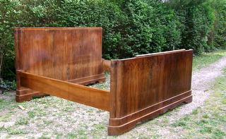 Art Deco walnut veneered 'Superking Size' double sleigh bed.