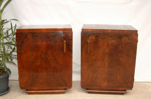 Art Deco walnut bedside cabinets.